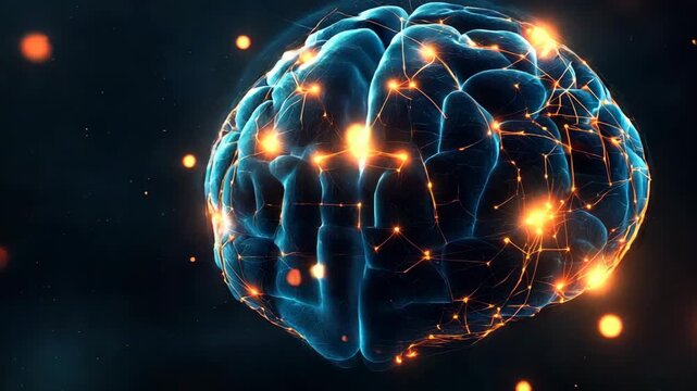 Animated images of a brain. Bright lights and lines move across the brain to show how neurons connect. The visuals demonstrate brain activity over time