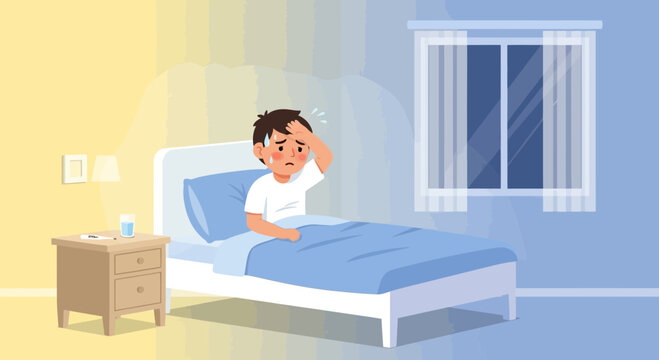 A Person With Fever Sitting In Bed Holding Their Forehead, Feeling Unwell In Sickness