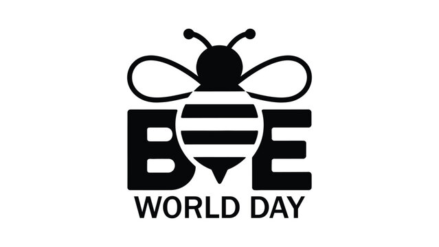 creative world bee day typography logo with honey bee silhouette for pollinator awareness, environmental conservation and nature protection branding design 