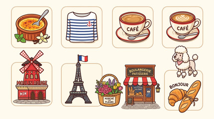 A charming collection of French-themed illustrations, featuring iconic landmarks, delicious food, and cultural symbols. © Terra