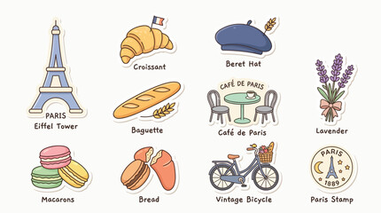 A charming collection of iconic French symbols, including the Eiffel Tower, croissants, baguettes, macarons, berets, lavender, and a vintage bicycle. © Terra