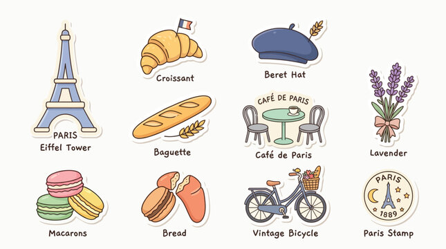 A charming collection of iconic French symbols, including the Eiffel Tower, croissants, baguettes, macarons, berets, lavender, and a vintage bicycle.