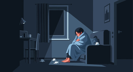 Fototapeta premium A Person Wrapped in a Blanket Feeling Lonely and Depressed Alone In A Dark Room