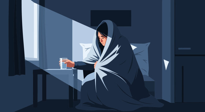 A Person Wrapped in a Blanket Feeling Under the Weather in a Dark Room