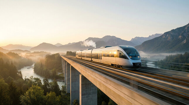 Modern high speed electric train crossing concrete bridge in mountains at sunrise.