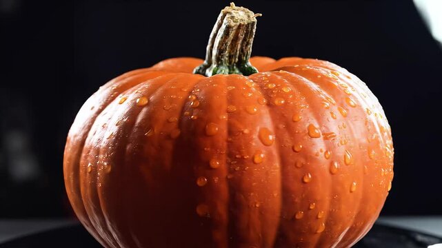 Closeup of a single ripe orange pumpkin with water droplets.
