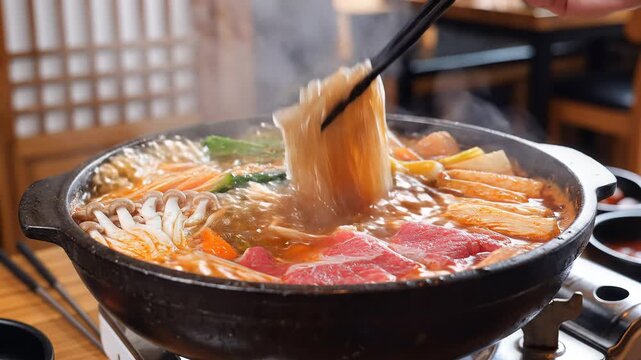 Delicious Korean Hot Pot Meal Being Cooked and Served.