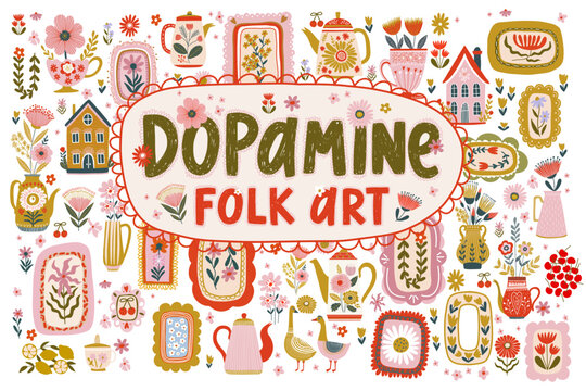 Folk Art Floral Frames and Decorative Botanical Elements	