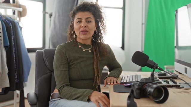 Woman speaking to camera with hand on desk in studio, seated by a dslr camera, microphone, keyboard and green backdrop; creative confidence.