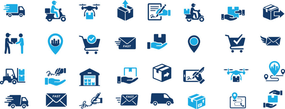 Logistics and delivery icon set featuring shipping trucks, drone transport, courier scooters, warehouse storage, package tracking, and express mail cad drawing flat vector illustration