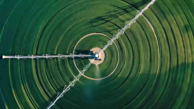 4K Aerial view of a center pivot irrigation system in a lush green circular field video