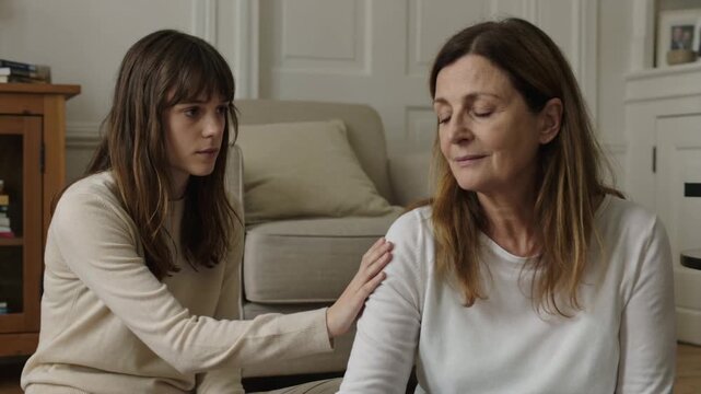 Empathetic Young Woman Gently Comforts Distraught Senior Woman at Home, Highlighting Moments