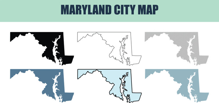 Maryland state map with six style fill stock fill stock and line art variations for geographic data visualization