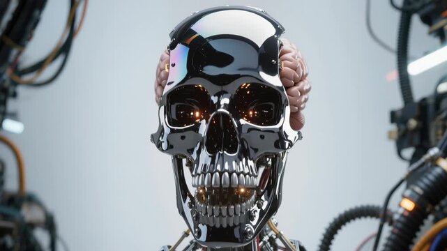 Chrome robotic skull with exposed human brain, circuit board and colorful wires in dark tech lab. Cinematic AI concept for technology, science and futuristic projects.