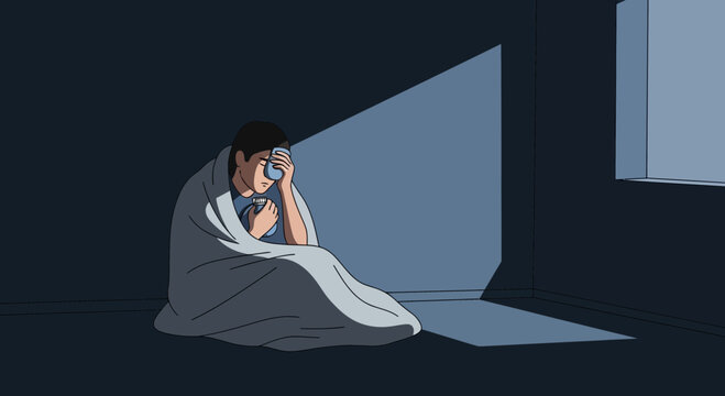 A Person Wrapped in a Blanket Under a Ray of Light, Feeling Exhausted, Depressed