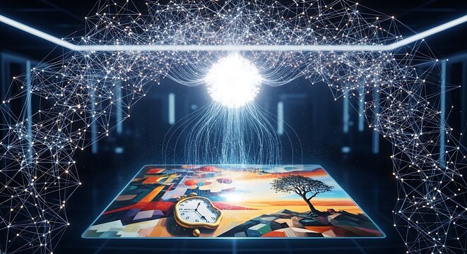 Futuristic Data Network with Glowing Center and Surreal Landscape