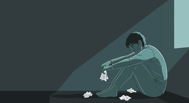 A Personified Depiction of Mental Distress Expressed Through Isolation and Sorrowful Reflection