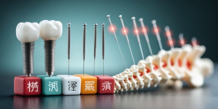 Dental and Spinal Harmony: An artistic composition showcases a harmonious blend of dental implants and a human spine model alongside acupuncture needles.