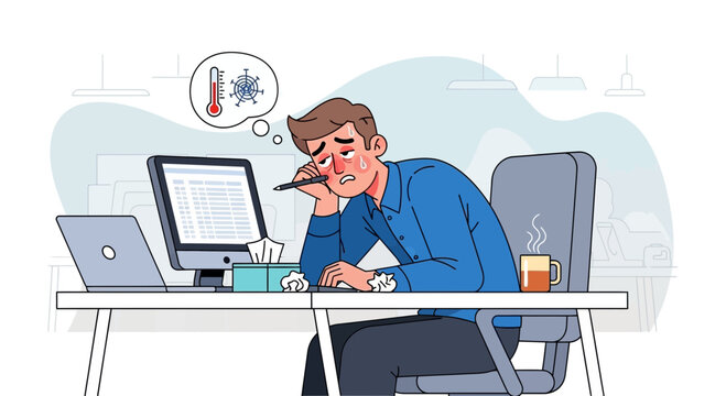 A Sick Businessman Exhausted at his Office Desk, Feeling the Effects of Illness