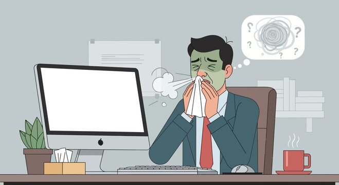 A Sick Businessman Sneezing, Working at His Desk, Feeling Unwell and Stressed At Work
