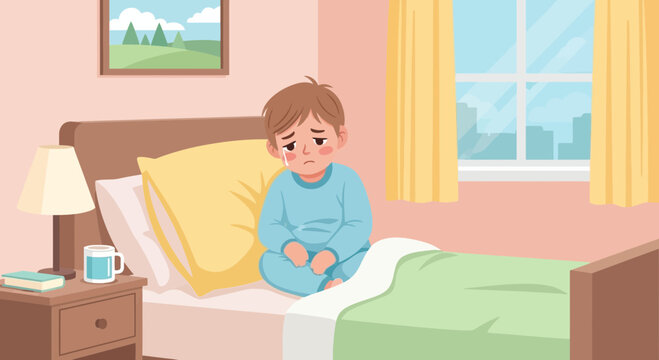 A Sad Child Sitting on the Bed, Full of Worry in His Room, Vector Illustration