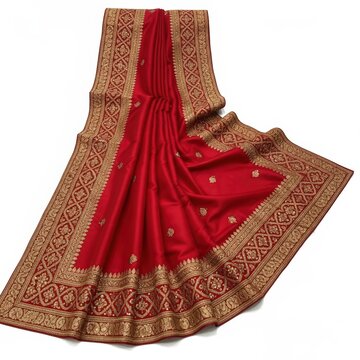 Traditional red Banarasi silk saree with gold zari border, elegant Indian ethnic wear for weddings, luxurious crimson silk fabric with intricate embroidery