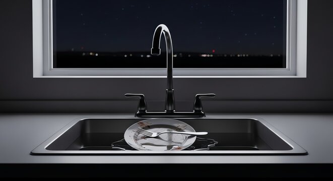 Dirty plate with fork in a stainless steel kitchen sink at night with window view of city lights and starry sky