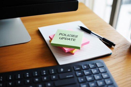 Close-up of sticky notes with policies update text on office desk