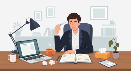 Fototapeta premium A Sick Businessman At His Desk Checking Thermometer Suffering From Illness and Stress