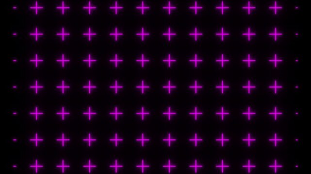 Glowing neon pink plus signs arranged in a grid pattern on a dark background abstract digital animation technology concept