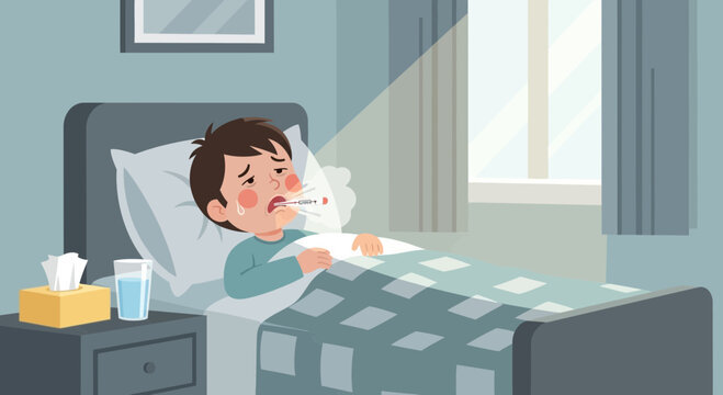 A Sick Child Being Treated In Bed With A Thermometer And Other Medical Items