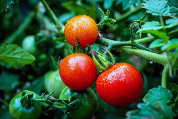Fresh Red Tomatoes Growing on vine with droplets on Organic Garden © NARONG