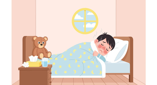 A Sick Child Comforted In Bed While Recovering From Illness Feeling Unwell