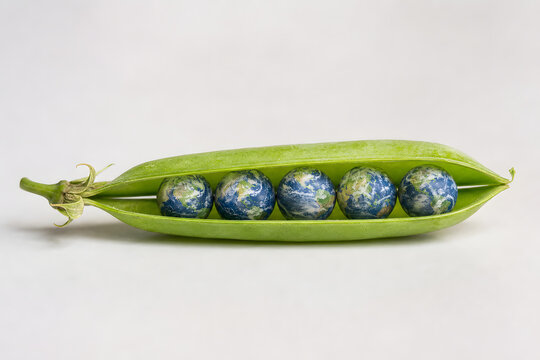Studio shot of a single peapod opened to reveal tiny perfectly arranged Earth globes
