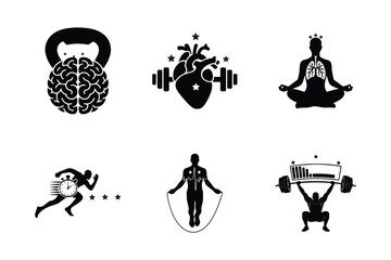 Obraz premium Creative Fitness and Gym Icon Set featuring Brain Kettlebell, Heart Dumbbell, and Active Silhouettes with Stars and Heartbeat Elements.