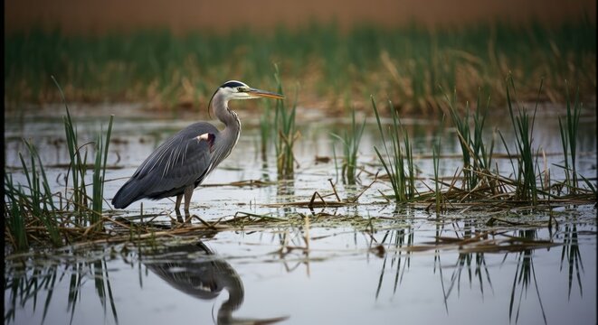 gray heron standing in shallow water with reflection
