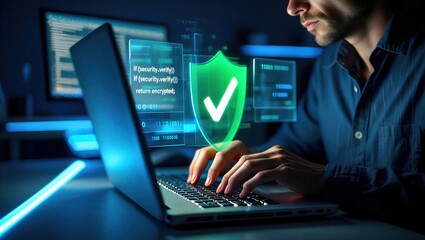 Fototapeta premium Cybersecurity protection concept with secure shield icon over laptop and source code. Data security, encryption, privacy protection and network defense for safe digital technology and IT systems.