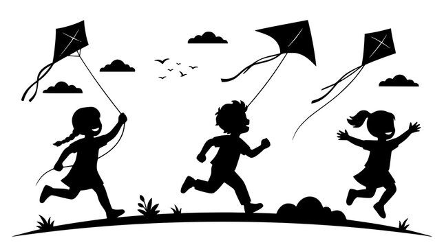 Kids running and flying kites silhouette vector illustration for educational lifestyle design