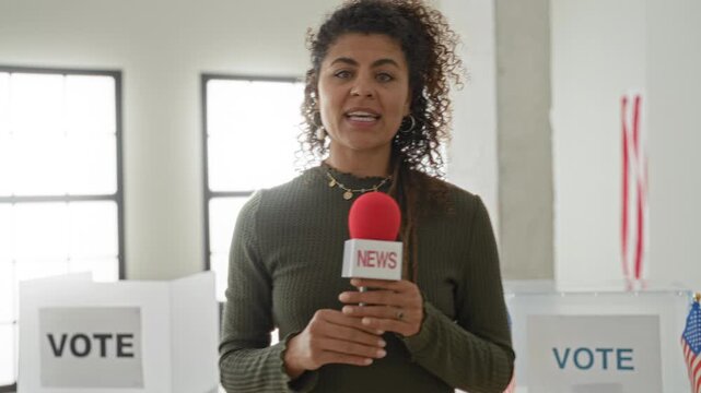 Woman holds a red news microphone and speaks while gesturing with her hand in a polling station building; civic duty, engagement.