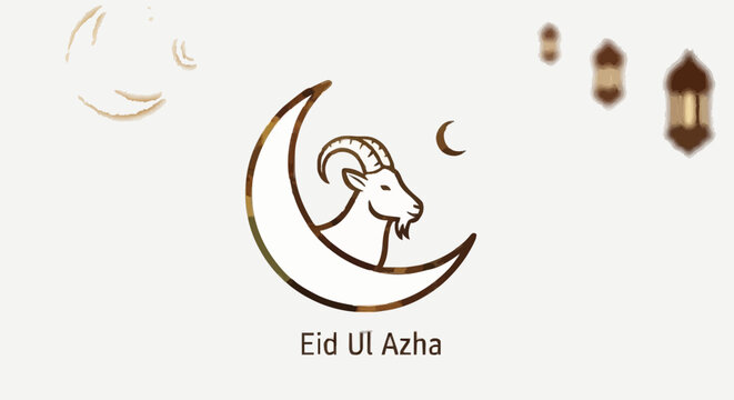 Elegant golden crescent moon and goat illustration, symbolizing the joyous spirit of Eid al-Adha, the Islamic festival of sacrifice and devotion