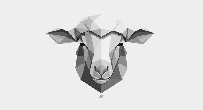 Low Poly Geometric Sheep Head Illustration in Monochromatic Tones