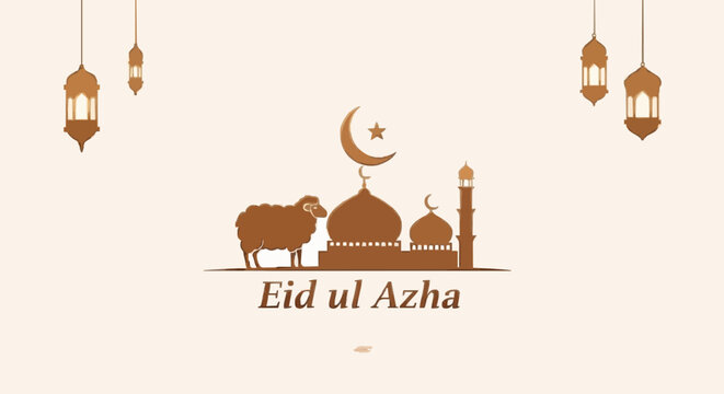Minimalist vector illustration celebrating an important Islamic festival, showcasing a majestic mosque, crescent moon, and a traditional sacrificial animal in a serene design