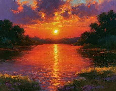 Vibrant oil painting of a dramatic sunset over a calm river with glowing orange clouds and dark silhouettes of trees along the banks in a classic landscape art style