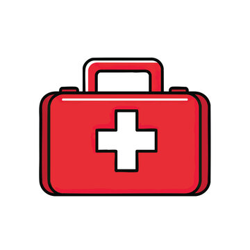 Red first aid kit box with white medical cross symbol illustration.