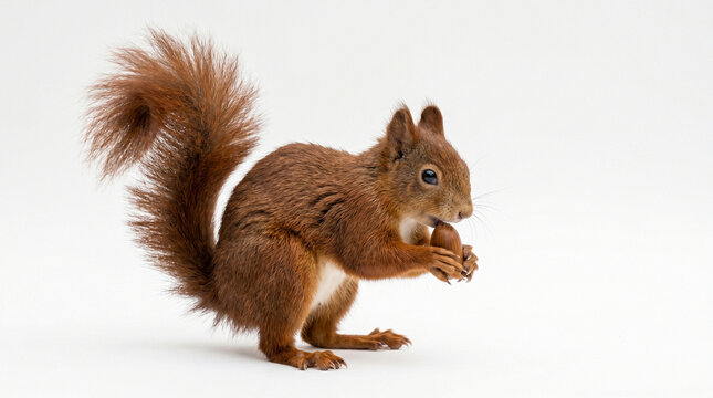 A fluffy red squirrel with a cute bushy tail sits on a snow-covered tree branch in the winter forest eating a small nut