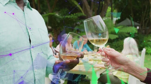 Guests toasting wine at food table, mesh sweeping, obscuring view as camera zooming to man sipping