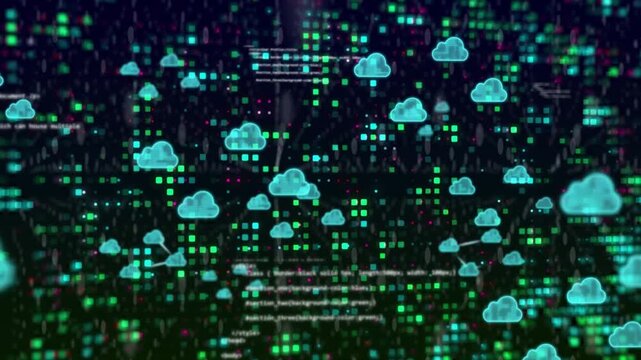 Pixel matrix pulsing, turquoise cloud icons rising and linking to show network flow