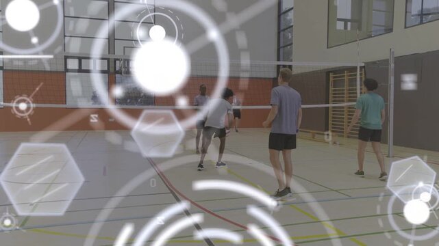 Men training volleyball, far hitter leaping over net sending ball, others defending, HUD obscuring