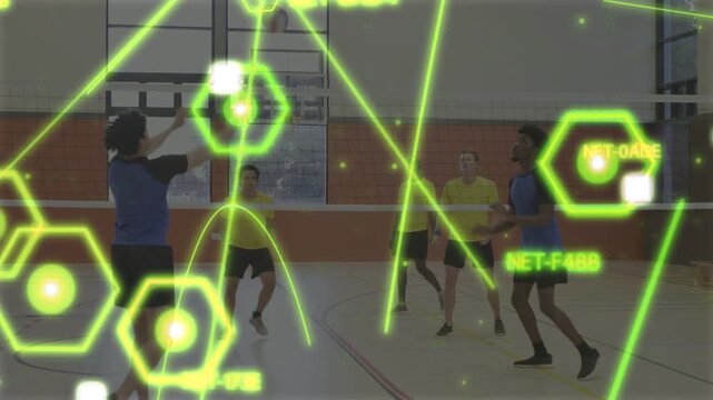 Yellow player serving blue team digging and jumping in sports, green AR tracking ball IDs competing