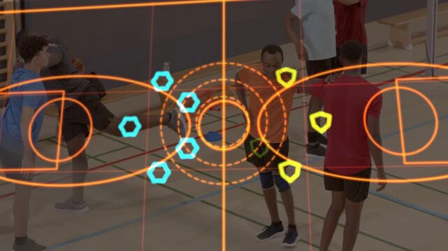 Orange player balancing one leg starting tracking, sports overlay with yellow markers shifting left